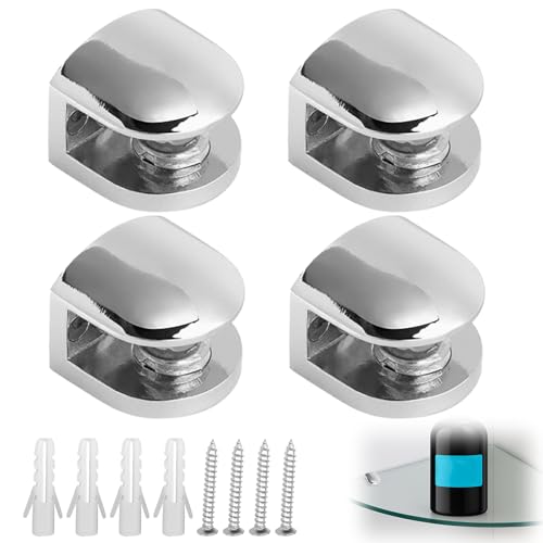 Menibeuty 4 Piezas Soporte Estante Cristal Abrazadera de Vidrio Ajustable 6-8mm, Clip de Vidrio Semicírculo, Soporte De Espejo De Vidrios para Montaje En Pared Redondo, para baño, Sala de Estar, etc