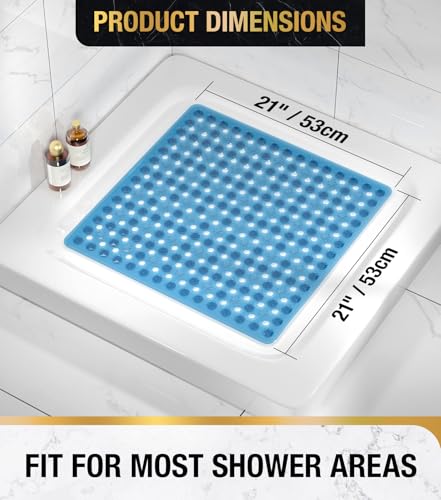 Image of HITSLAM Shower Mat Anti Slip, Square Bath Mat for Tub Non Slip with Suction Cups and Drain Holes, 21x21 Inch Bathroom Shower Stall Floor Mat, Machine Washable, Soft on Feet, Blue