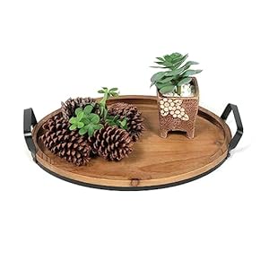 Decorative Metal and Wood Tray Farmhouse Wood Serving Tray Rustic Ottoman Coffee Table Tray Vintage Centerpiece for Kitchen or Living Room Oval Brown