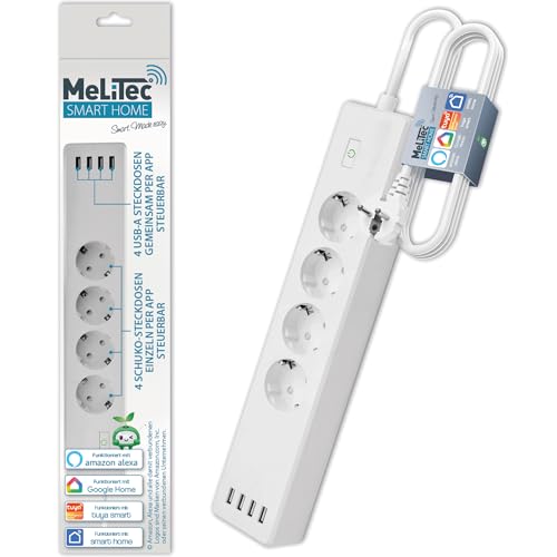 4-Fach Smart Mehrfachsteckdose mit 4-Fach USB | kompatibel mit Alexa und Google Home | Zeitschaltuhr | Sprachsteuerung und Fernbedienung | Wandmontage | MeLiTec