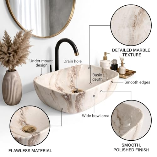 Image of Ceramic Tabletop Wash Basin - Glossy Rectangular Countertop Vessel Sink with Marble Finish for Bathroom & Vanity | Compact 18 x 13 x 5 Inch | Elegant Washbasin