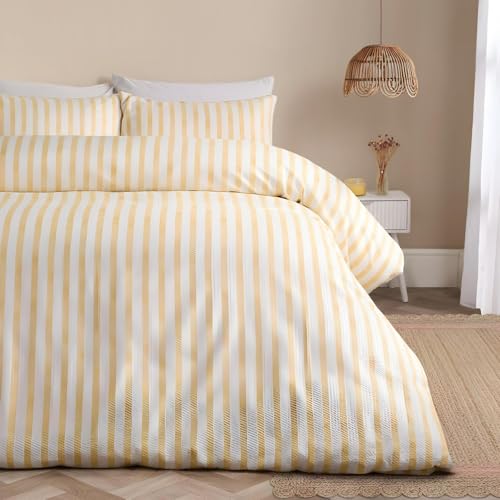 Image of OHS King Size Duvet Cover Sets, Super Soft Cosy Warm Modern Waffle Watercolour Striped King Size Bedding Comfy Luxurious Duvet Cover Set with Matching Pillowcases, Lemon