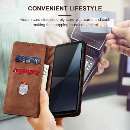 Image of Jasonyu Cover for Sony Xperia 10 VI Flip PU Leather Case, Wallet Cover, Stand Function, Magnetic Card, TPU Bumper Case (Brown)