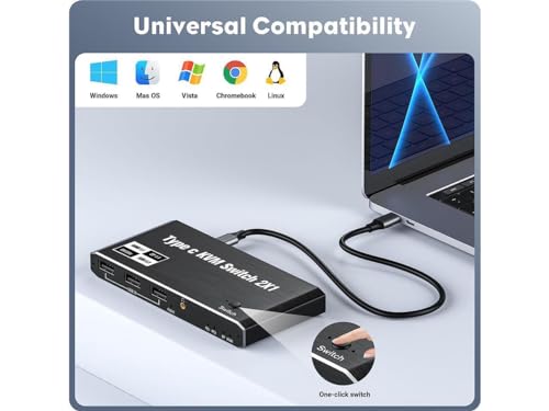Image of MICROWARE USB C KVM Switch 2-Port, 8K@60Hz, 4K@120Hz, 100W PD, Black, Push Button, Manual Operation