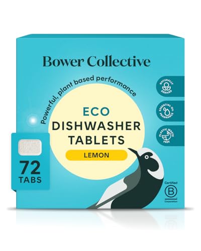 Bower Collective Eco Dishwasher Tablets 72 Pack Plastic Free Natural Dishwasher Pods Plant Based 87% Naturally Derived Biodegradable Water Soluble Wrapper