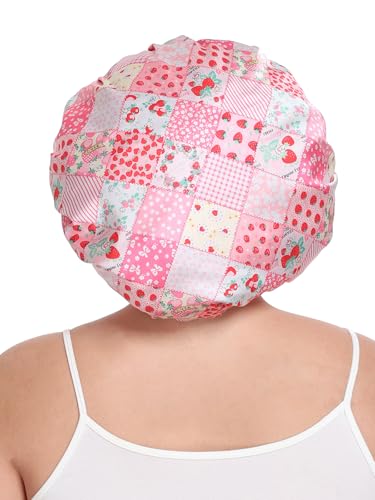Vettres Double Layer Satin Bonnet for Sleeping with Detachable Eye Mask Adjustable Night Cap for Curly, Natural, Braided Hair Reduces Frizz & Locks in Moisture Pink Strawberry — view 5