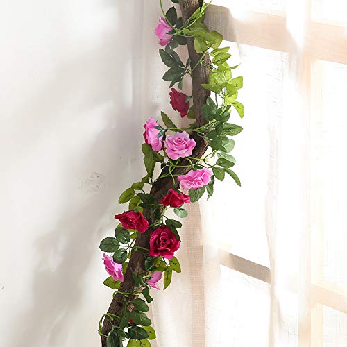 JUSTOYOU 2 stuks 240 cm lange tweekleurige kunstrozenslinger-ranken, hangende zijden bloemen, kunstbloemen voor buiten- en binnen, bruiloft- en muurdecoratie (magenta) - Afbeelding 3