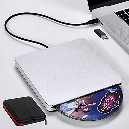 External DVD Drive USB 3.0/USB-C Portable CD DVD+/-RW Drive Burner Player Superdrive for Laptop Mac PC Windows MacBook Desktop (Silver)