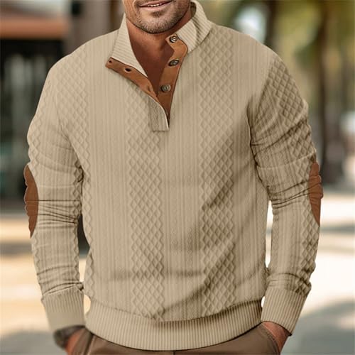 Mens Sweater with Elbow Patches, Men's Cable Knit Pullover Sweater Casual Long Sleeve Stand Collar Button Sweaters2