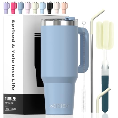 Image of 40 oz Tumbler with Handle,Tumbler with Lid and Straw,Double Wall Insulated Cup Stainless Steel Travel Mug(Cold for 34 Hours),Water Bottle for Iced Tea,Coffee,Cold Beverages(Smog Blue)