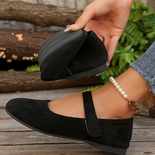 Dritnow Shoes, Womens Suede Mary Janes Flats, Comfort Round Toe Walking Slip-On Shallow Mouth Ballet Shoes with Straps Lightweight Breathable(Brown,US 8.5)2