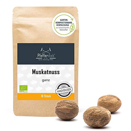 Muskatnuss ganz, Muskat BIO, handverlesen, A-Qualität erntefrisch aus Sri Lanka, laborgeprüft 10 Stück - Pfefferdieb® Cover