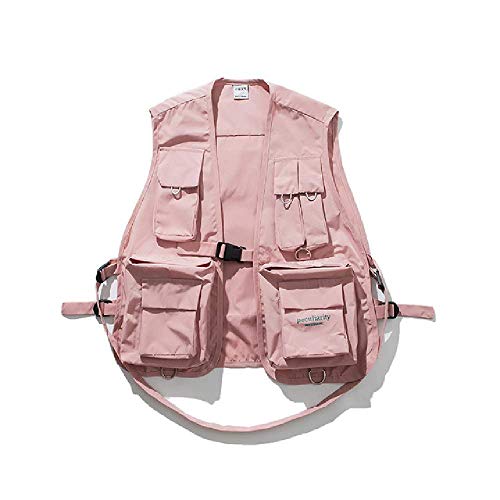 RCTO Multi Pockets Hip Hop Vest Men Hi-end Fashion Solid Color Buckle Men's Vest Pink