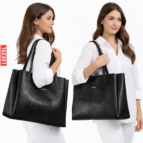 Image of LEEZEL Women's Structured Tote Bag - Large Capacity Work & Travel Purse Croco Pattern Vegan Leather Stylish Tote Bag Classic Everyday Shoulder Bag