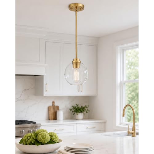 Image of Pendant Lights Kitchen Island, Modern Gold Pendant Light with Clear Glass Globe Shade, Farmhouse Hanging Light Fixtures for Dining Room Entryway, AD-22280-1P-GD-C