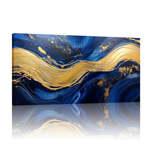 Peinture impression toile haut de gamme abstraction bleu marine et reflets or 80x160cm