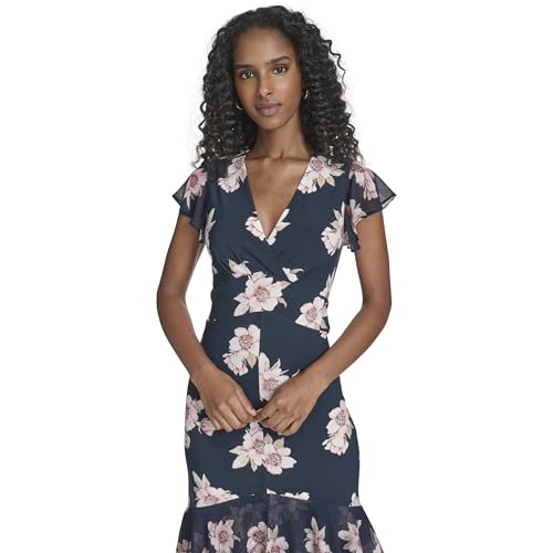 Image of Tommy Hilfiger Women's Flutter Sleeve V-Neck Ruffle Trim Hi-Lo Midi Dress