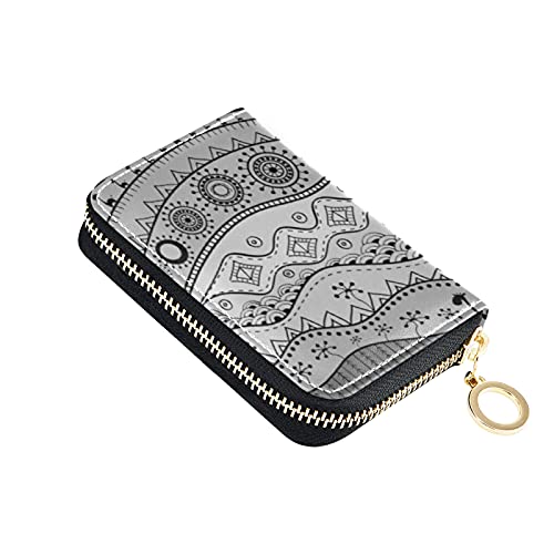 African Hand Drawn Ethnic Tribal Black Grey Pattern Credit Card Coin wallet, Key Change Organizer Zipper Purse Compact Clutch Pouch Pocket, RFID Blocking Women Leather Card Holder