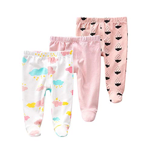 Image of Teach Leanbh Newborn Baby 3 Pack Footed Pants Cotton Embroidery Pringting Casual Leggings 0-12 Months