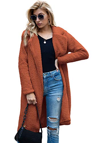 Womens Faux Fur Soft Warm long Coat open front Outerwear Overcoat Long Jacket with pocket,Caramel,L