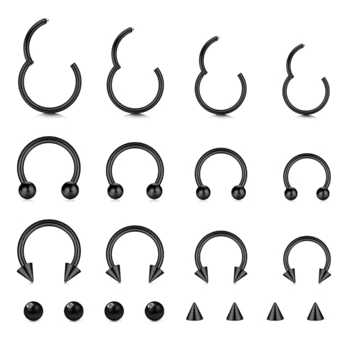 NIUSIMAN 16G Hinged Clicker Segment Septum Rings Stainless Steel Nose Horseshoe Hoop Eyebrow Lip Cartilage Helix Tragus Earrings Piercing Jewelry 6/8/10/12mm Replacement Balls 3mm Black