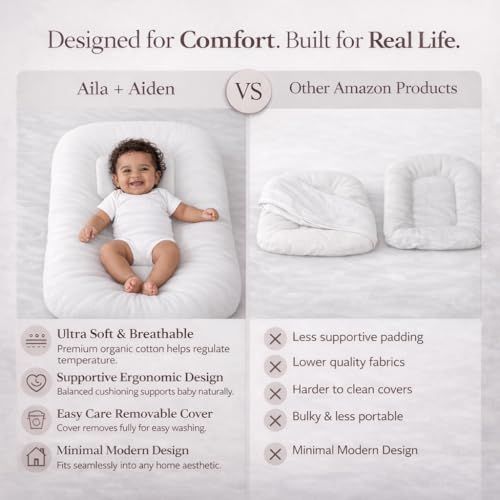 Image of Aila + Aiden Baby Lounger | Organic Cotton Infant Lounger | Adjustable & Portable Floor Lounger |Supervised Use | Soft, Breathable, Washable Cover - Snuggle Collection - (White)
