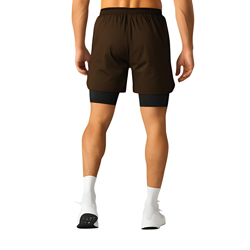 Image of BOLDSHARK Men's 2 in 1 Workout Running Shorts Lightweight Training Yoga Gym Short with Pockets Cycling Shorts. (in, Alpha, 2XL, Regular, Coffee Brown)