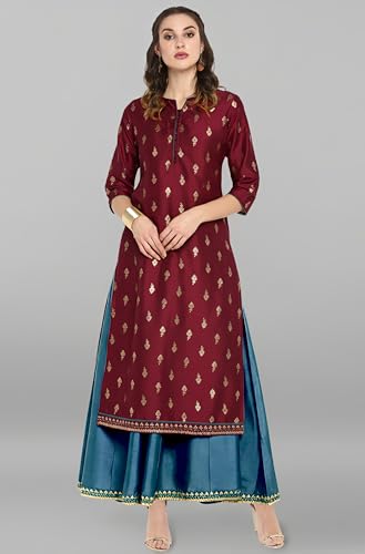 Image of Janasya Womens Silk Blend Gold Printed Layered Ethnic Dress with Inner