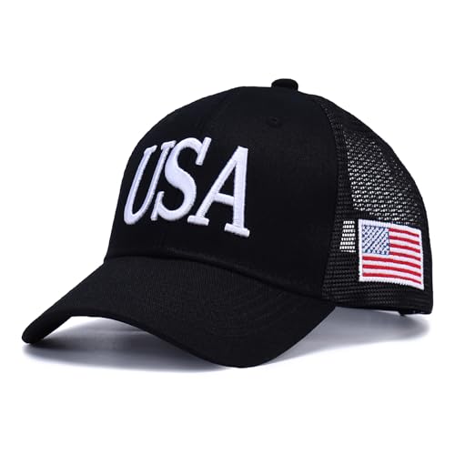 Image of USA Trucker Hat for Men & Women American Flag Cap Adjustable Baseball Cap Mesh Snap Patriotic 3D Embroidered Cap