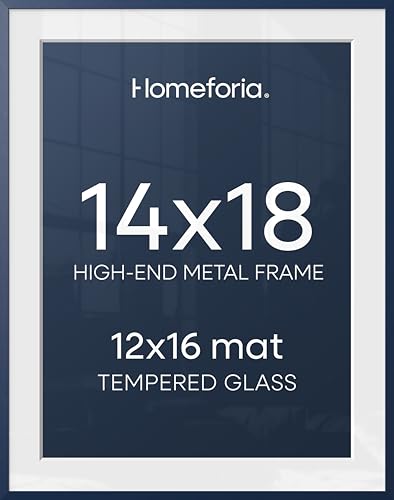 Image of Homeforia 14x18 Picture Frame Navy Blue, High End Metal 14x18 Poster Frames with Mat 12x16 Photo, 14 x 18 Navy Blue Frame Matted to 12 by 16 Print, 18x14 Thin Frame, Tempered Glass, Wall Kit, Set of 1