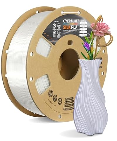 OVERTURE Silk Filament PLA 1.75mm Clog-Free Shiny 3D Printer Consumables, 1kg Spool (2.2lbs), Dimensional Accuracy +/- 0.02 mm, Fit Most FDM Printer (Silk White)