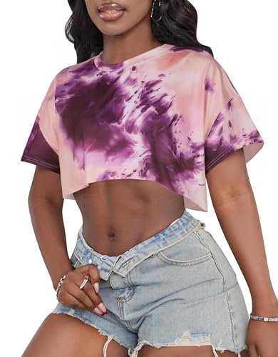 Image of Crop Tops for Women Oversized Short Sleeve T Shirts Crew Neck Cropped Tees
