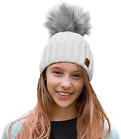 4sold Ribbed Striped Thermal Insulating Bobble Funny Beanie Baby Kids Girls Boys Hat Wool Knitted with Pom Pom Winter Warm SKI Snowboard Hats
