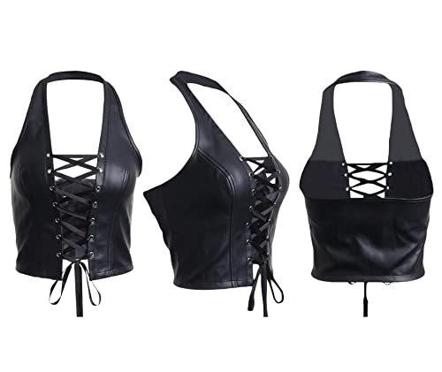 xxxiticat Women's Halter PU Leather Crop Top Lace Up Bandage Criss Cross Eyelet Cropped Faux Leather Tank Camisole Shirt3