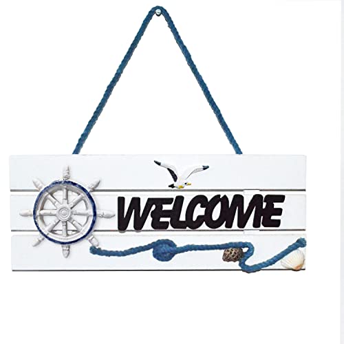 Nautical Welcome Sign Wall Decor Beach Door Hanging Wall Art Mediterranean Retro Plaque with Boat Rudder Seagull Ornament 11 x 4.3" Coastal Themed Decorative for Bathroom Living room Home Decoration