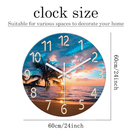 Image of XFM Large Coastal Glass Wall Clock 24 Inch for Living Room Sunset Beach | Silent Non Ticking Battery Operated Blue Nautical Modern Glass Decorative for Dining Room Bedroom Home Office