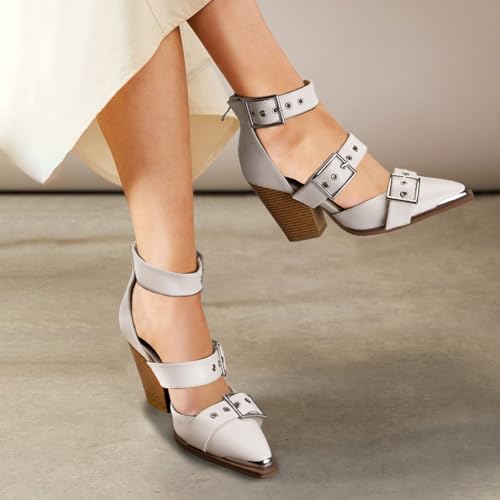 Western Sandals for Women Chunky Wedge Heels Pointed Toe Pumps Ankle Strap Metal Buckle Strappy Heels Comfortable Fashion Casual Dress Shoes3