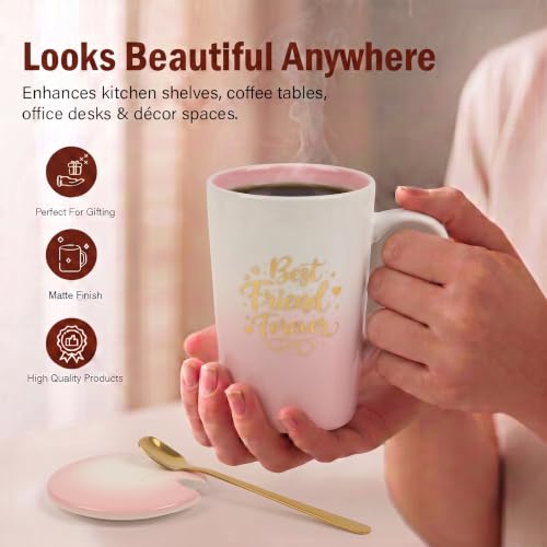 Image of ZAICUS Best Friend Forever Coffee Mug with Lid & Spoon, Ceramic Cup | Perfect Birthday & Friendship Gift | Ideal for Coffee, Tea & Daily Use | White & Pink Gradient Design