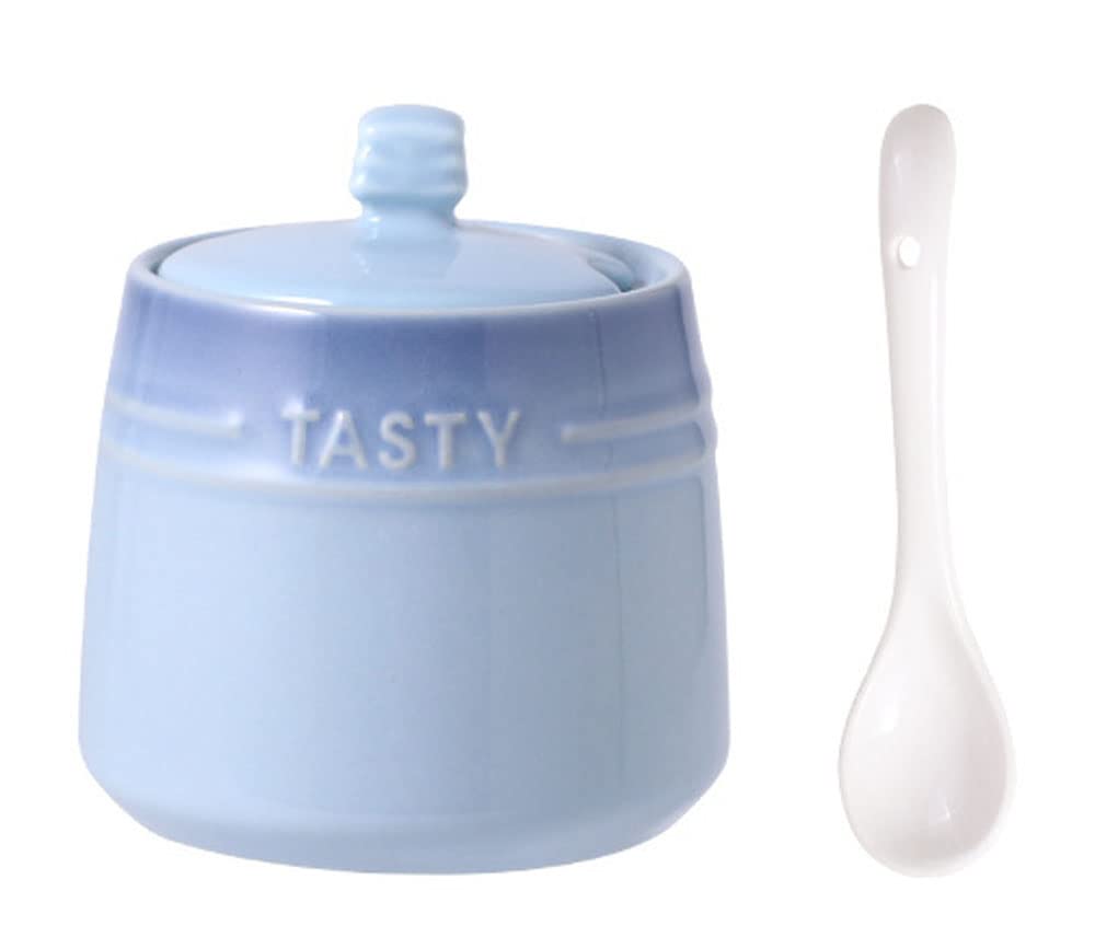 RockTrend Colourful Ceramic Spice Jar Seasoning Box Condiment Pot Sugar Bowl with Lid Spoon-Blue