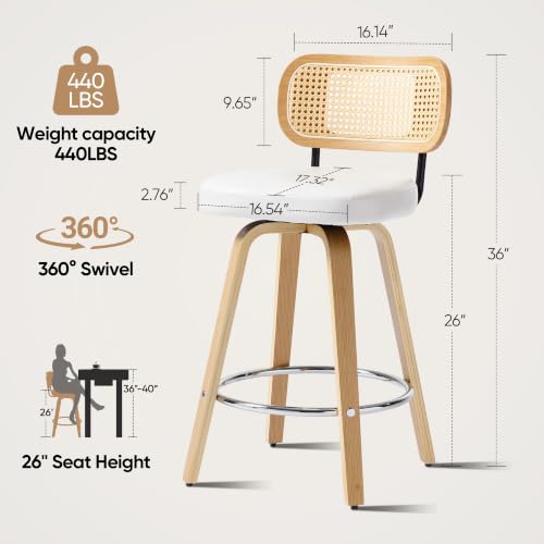 Image of Natural Rattan Bar Stools Set of 2,Upholstered PU Leather, 26'' Counter Height Barstools with Back and Wood Legs,360Swivel,Mid-Century Modern Bar Stool for Kitchen Island Dining Room and Bar(White)