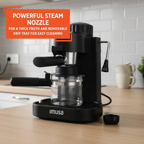 Image of IMUSA Electric Espresso Cappuccino Maker 4 Cup Capacity with Milk Frother Black Coffee Machine for Home Barista Experience