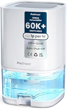 Pro Breeze 1000ml Dehumidifier for Bathroom - Quiet, Portable & Small Air Dehumidifier for Bedroom Mould, Damp & Moisture - with 4-Hour Timer, Auto Shut-Off & LED Changing Lights - White