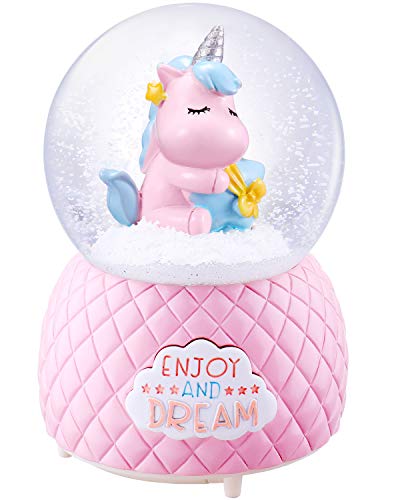 Musical Unicorn Snow Globe for Kids, 100mm Resin Glitter Music Box with Multiple