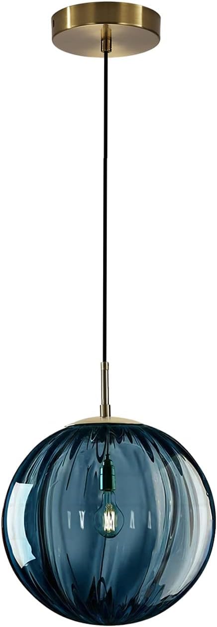 KCO Lighting Glass Globe Pendant Light Single Blue Pendant Lights Kitchen Island Brushed Gold Hanging Light Fixture Mid Century Retro Hanging Lamp