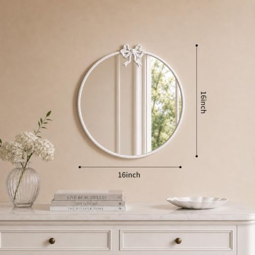 Image of 16 Inch White Circle Mirror Round Wall Mirror Vintage Bow Mirror Decor