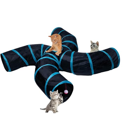 Image of EGETOTA Cat Tunnel for Indoor Cats Large, with Play Ball S-Shape 4 Way Collapsible Interactive Peek Hole Pet Tube Toys, Puppy, Kitty, Kitten, Rabbit (S4 - Black & Blue)