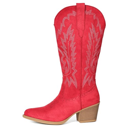 Image of IUV Suede Cowboy Boots For Women Chunky Heel Pointed Toe Cowgirl Boots