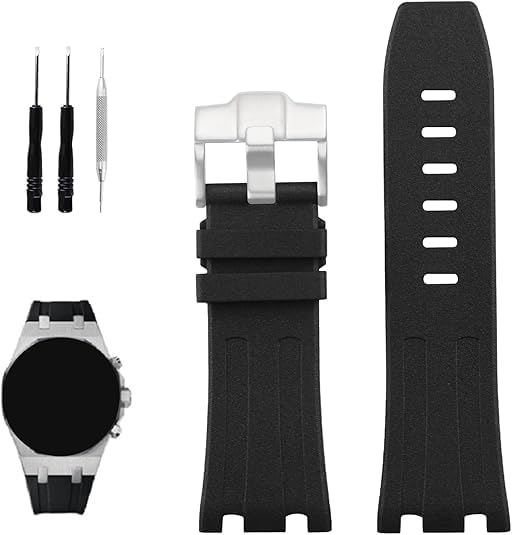 XIW Compatible for 28mm Audemars Piguet AP Royal Oak Offshore Watch 15703 15710 15400 26470 26400 Rubber Watch Band Replacement for men Silicone Wirstband Strap women Bracelet (Silver Buckle, 28mm)
