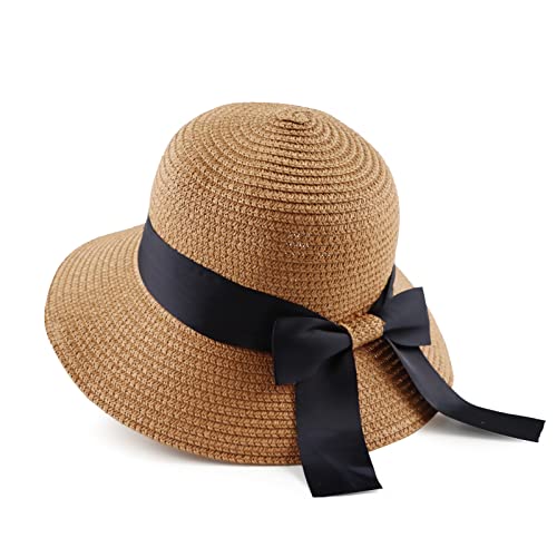 Zsedrut Women,Little Girls Straw Sun Hat Summer Beach Cap Foldable Visor Floppy Hats Wide Brim with Bowknot