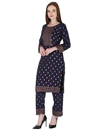 Image of Women's Rayon Printed Kurta with Palazzo Set (Small, Blue Palazzo Set)